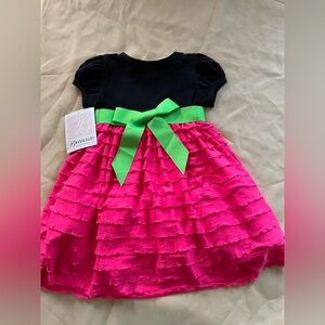 Bonnie Baby Black Top Dress with Pink Ruffles and Green Bow